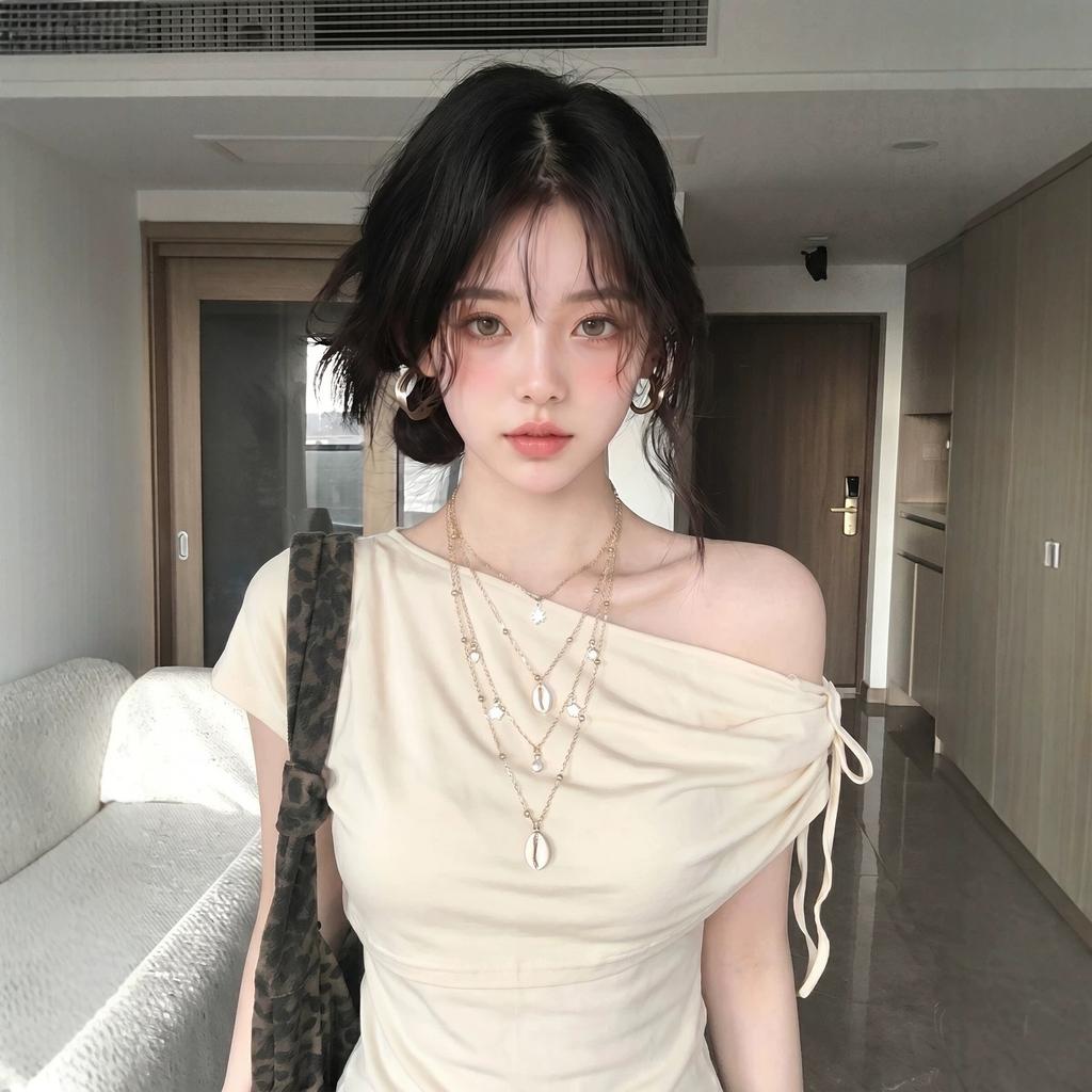 Slant Shoulder Straps Short-sleeved T-shirt Women's Summer Wear Design Off-the-shoulder Tee Irregular Slim Slim-fitting Spice Girl Top
