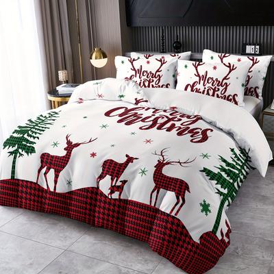 Christmas Reindeer Plaid Duvet Cover Set Breathable Polyester Machine Washable - Perfect For All Seasons