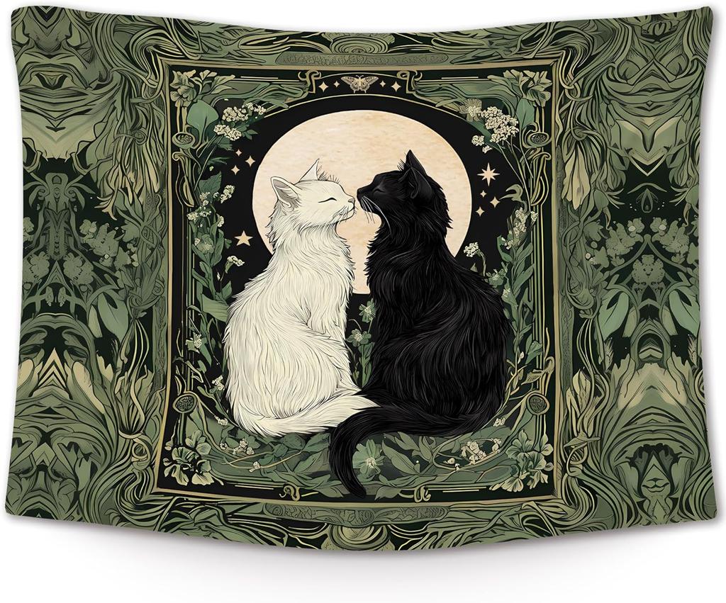 Vintage Black and White Cat Wall Tapestry,Cat Mom Lovers Gifts Wall Tapestry Hanging for Bedroom, Tarot Card Botanical Aesthetic