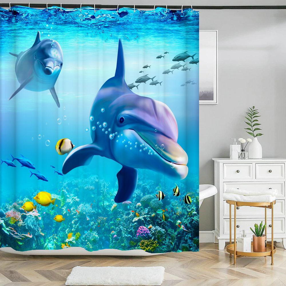Ocean Creature Fish Dolphin Printed Shower Curtain Set With Rugs Waterproof Bathroom Curtain Anti-Slip Toilet Carpet Home Decor
