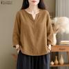 Women Casual V-Neck Solid Color 3/4 Sleeve Loose Blouse