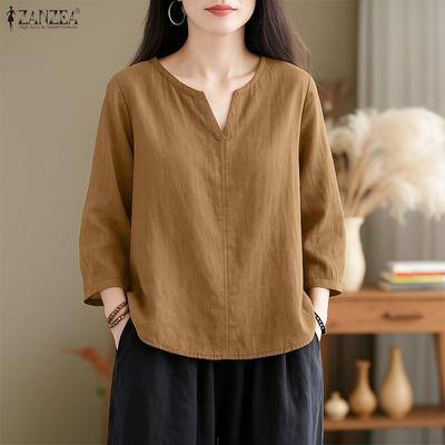 Women Casual V-Neck Solid Color 3/4 Sleeve Loose Blouse