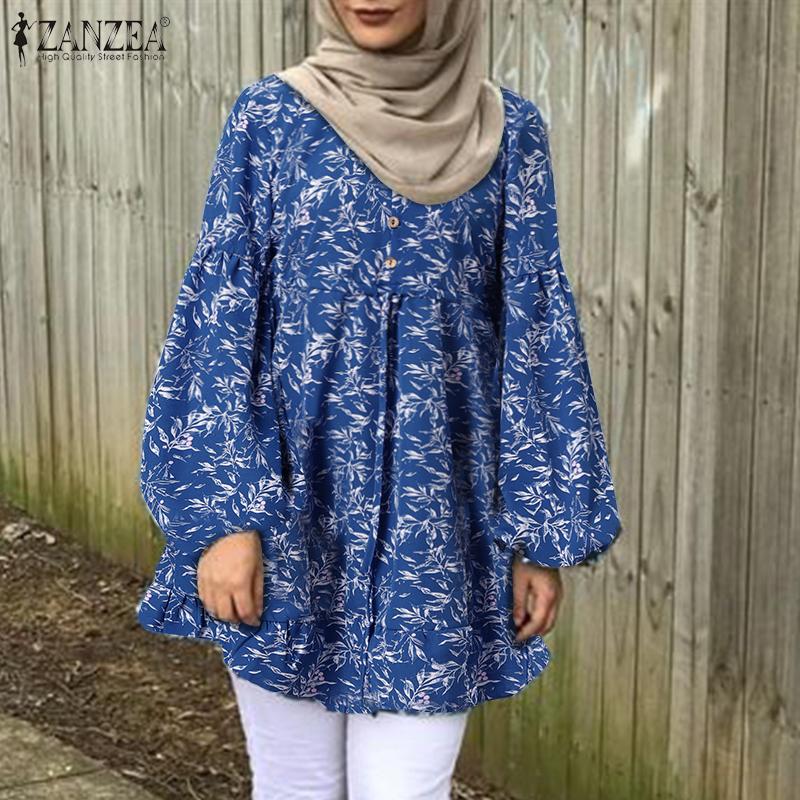 

ZANZEA Женский Повседневный O-образный вырез Длинный рукав Свободный принт Блузка