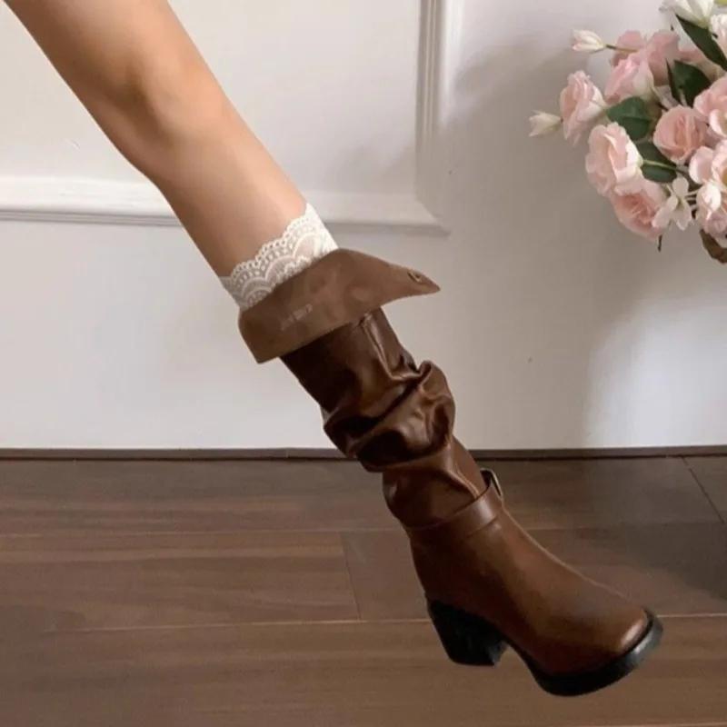 Fashion Block Heel Fold Retro Pleated Women 2025 Autumn and Winter New Block Heel Long Tube Knight Boots