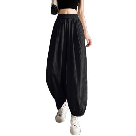 Women Pants Wide Elastic Waistband Anti-Wrinkle Fabric Loose Fit Harem Trousers with Pockets Pure Color Travel Work Pants