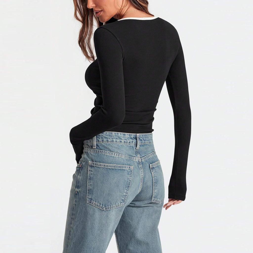 Fashionable Women's Top Square Neck Slim Sexy Colorblock Long Sleeves