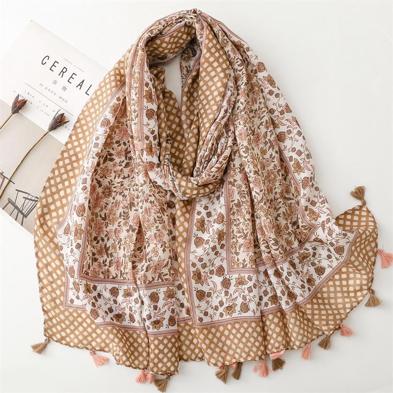 Spring And Summer New Cotton And Hemp Feel Scarf Celebrity Wind Hibiscus Flower Tassel Scarf Warm Shawl 90X180Cm