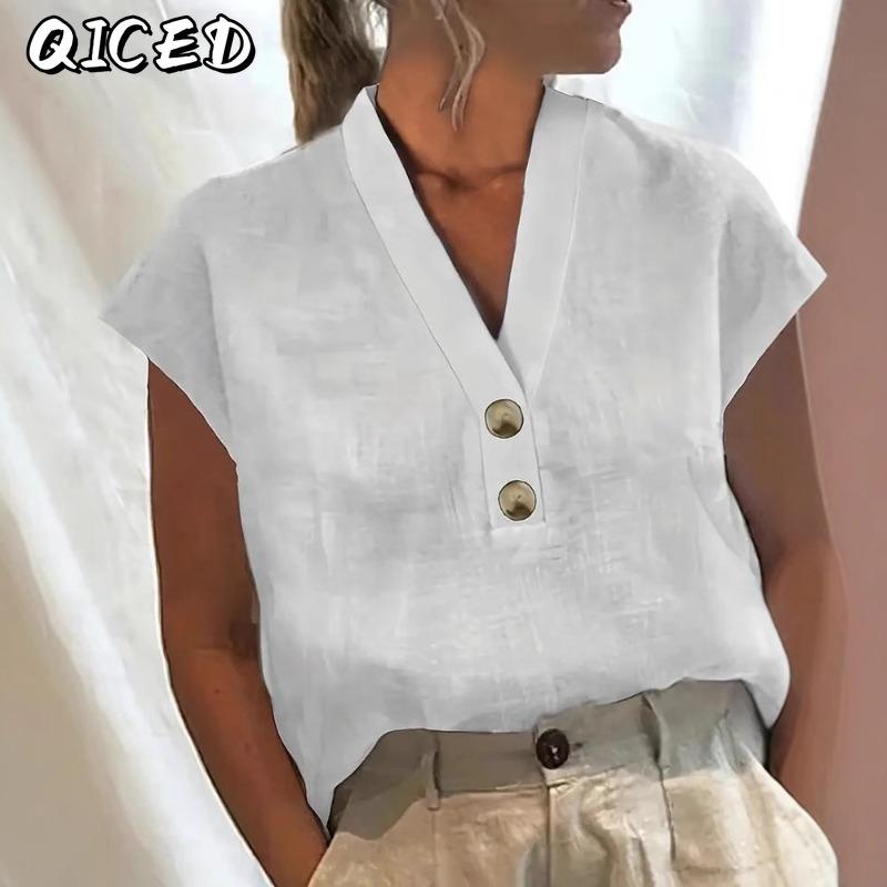 QICED Women's Fashion Casual Solid Color Print Short Sleeve V Neck Blouses & Shirts