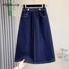 Plus Size Korean Style Spring Autumn Women Denim Skirt Elastic Waist Stretchy Blue A-Line Skirt Elegant Office Lady Large Size Skirt XL-5XL