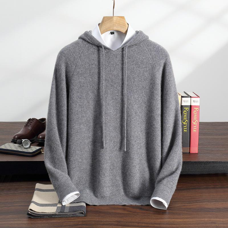 Мужской кашемировый пуловер с капюшоном и рельефной вязкой - Длинный рукав, однотонный, Коллекция Осень/Зима M