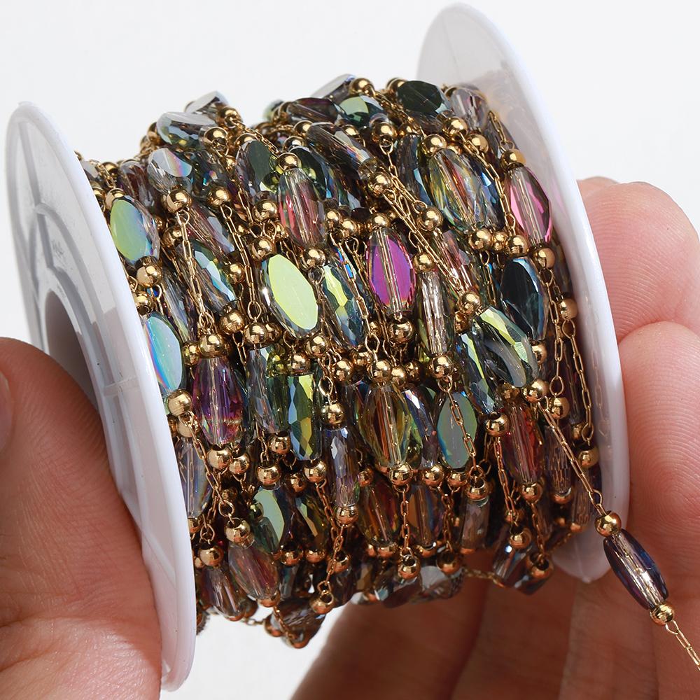 2meters 1meter Stainless Steel Love Heart Beaded Chain Clear Pink Green Crystal Chain for Necklace Bracelet Jewelry Making DIY