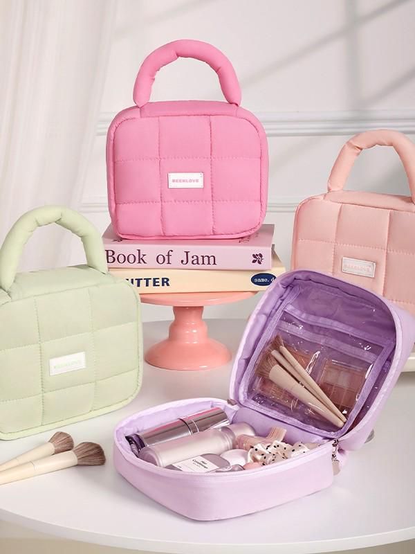 Candy Color Puff Handbag: Women's Large Capacity Makeup Storage Bag