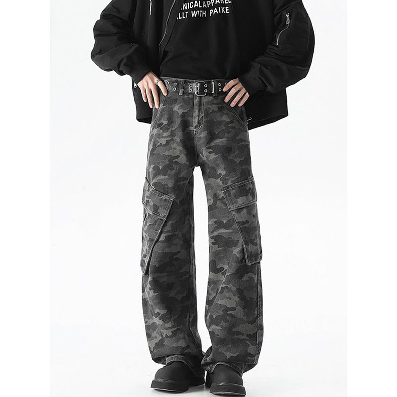 51 Hip-hop Fashion Brand Multi-pockets Camouflage Jeans Men's Vintage Loose Wide Leg Trousers Straight Cargo Pants