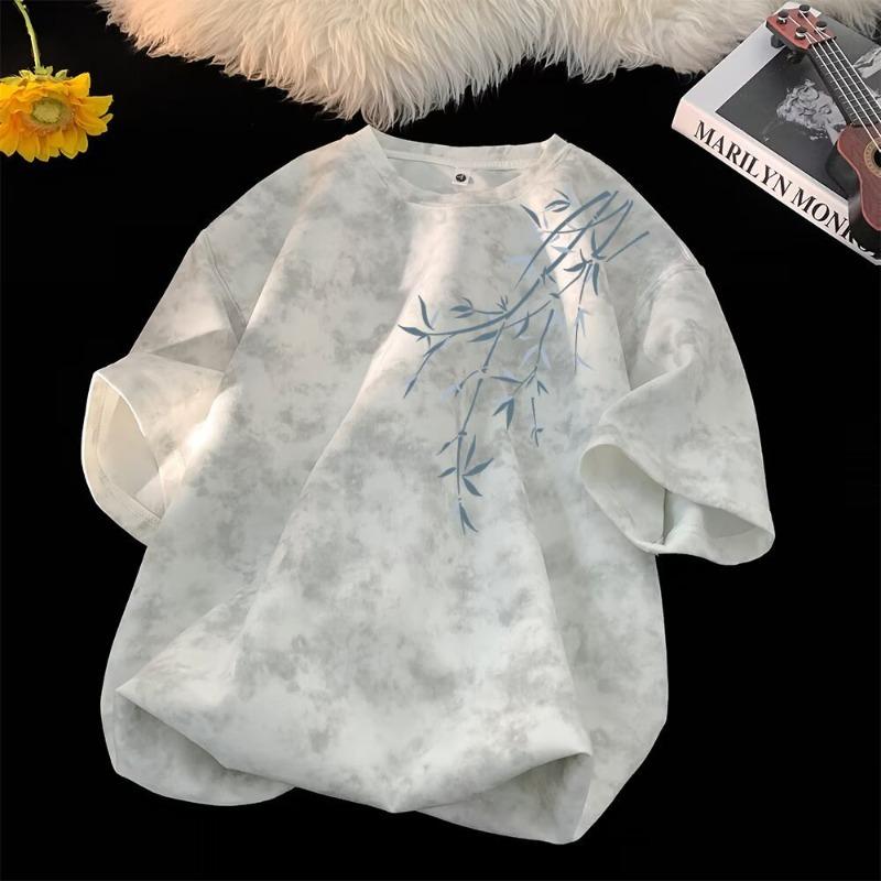 Men's Tie Dye Bamboo Print Short Sleeve T-Shirt - Oversized Casual Streetwear Chinese Style Tee