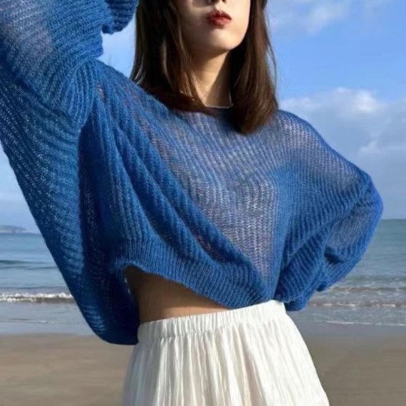 

Spring Loose Knit Off-Shoulder Sweater - Women s Trendy Hollow-Out Top One Size синий