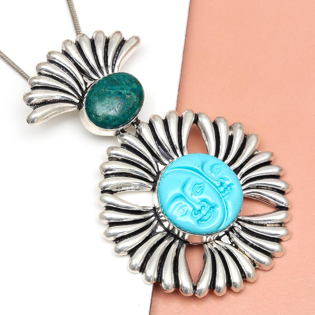 Blue Cameo Face Gemstone Unisex Women's Ethnic Silver Jewelry Pendant 3.5"