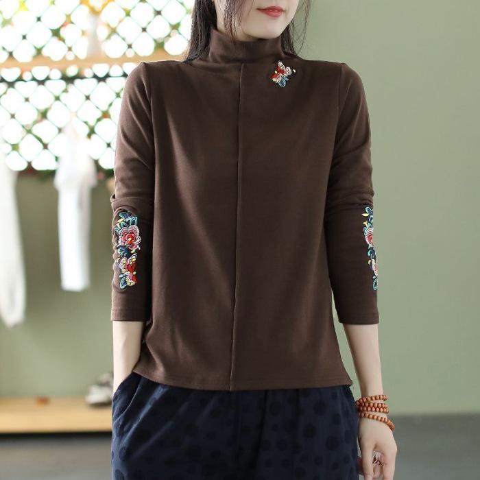 

Нижняя рубашка для женщин на осень и зиму, в ретро этническом стиле, топ с вышивкой в технике тяжелой промышленности, с длинным рукавом и полувысоким воротом, футболка с эффектом потертости для женщин 3XL