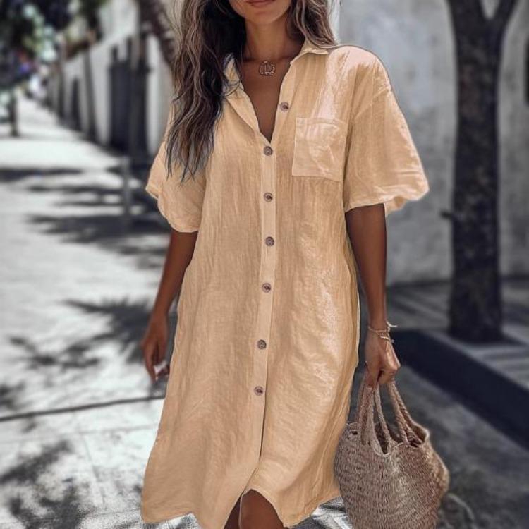 Casual Commuter Style Women Shirt Lapel Short Sleeve Loose Fit Solid Color Buttons Placket Work Shirt
