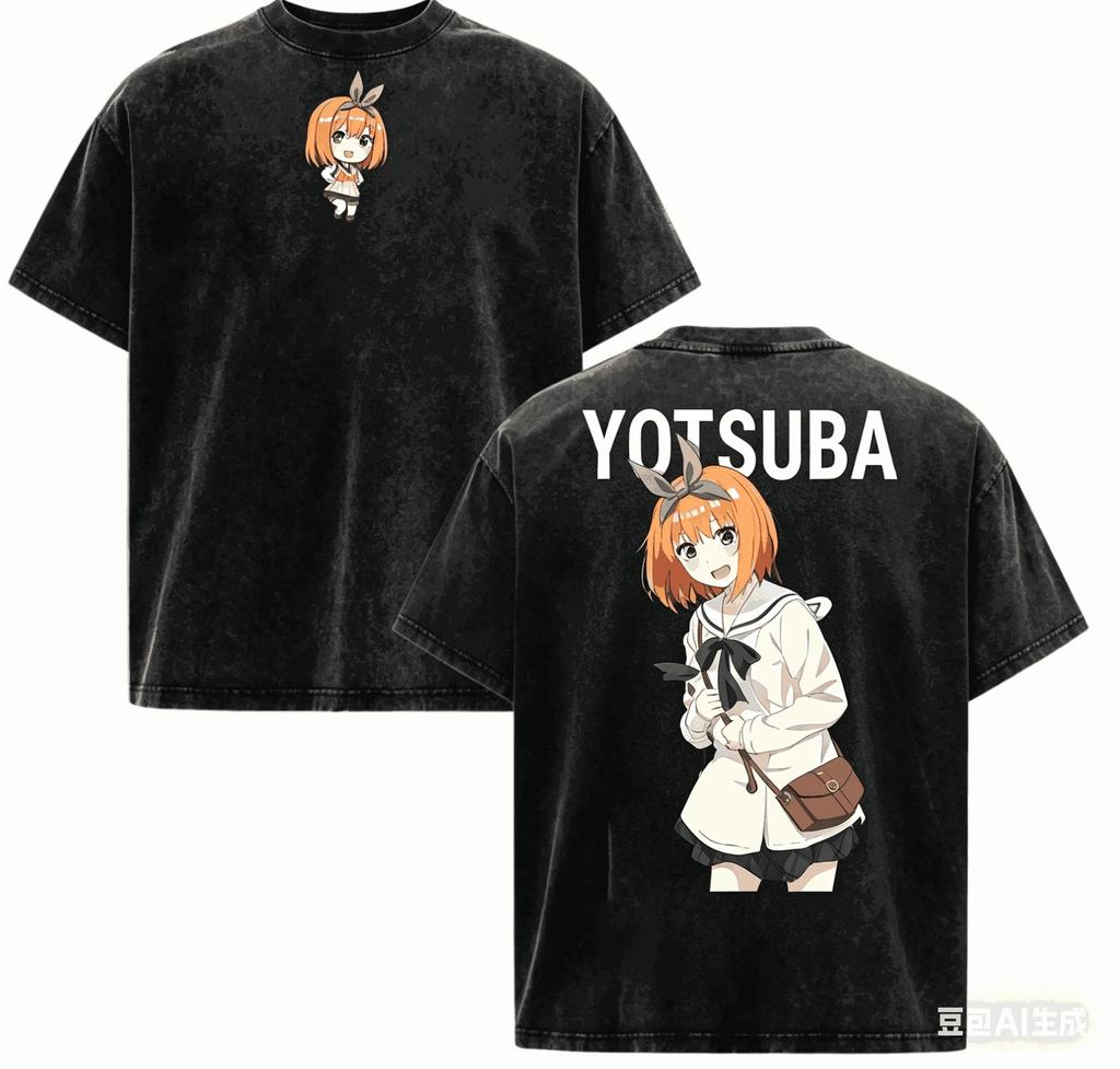 Stylish Washed Black Oversized T-Shirt with Itsuki Nakano Chibi and Manga Prints from The Quintessential Quintuplets