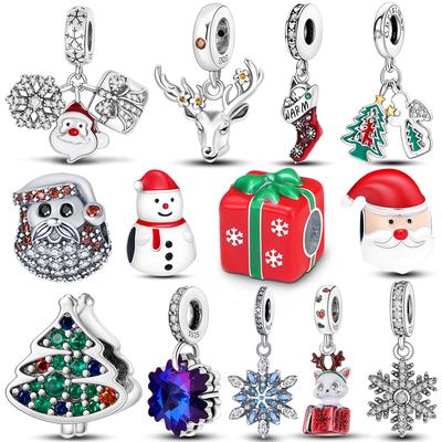 925 Silver Santa Claus Christmas Tree Gift Charm Snowflake Elk Beads Pendant Bracelet Xmas Jewelry