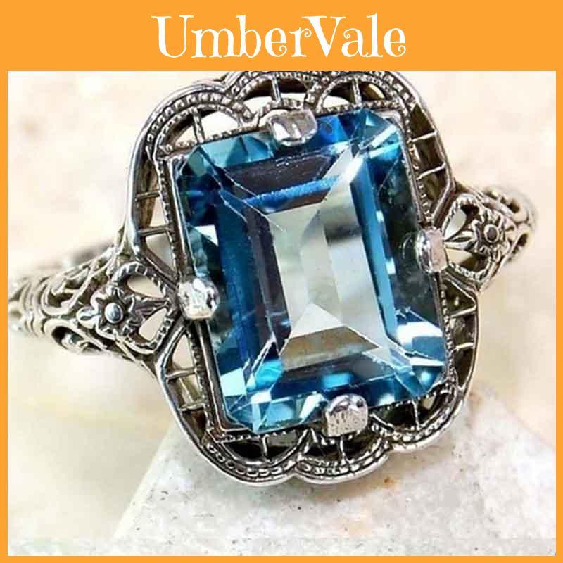 Elegant European Style Jewelry With Classic Square Cut Blue Sapphire Rhinestone Studded Ring