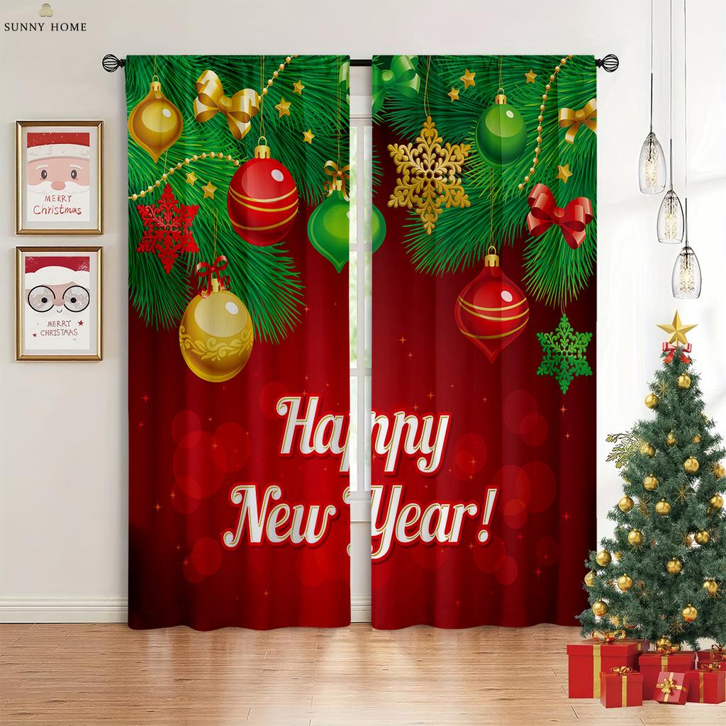 Merry Christmas Elk Red Vintage Print Curtains 100% Polyester Bedroom Living Room Holiday Party Decorative Curtains 2pcs