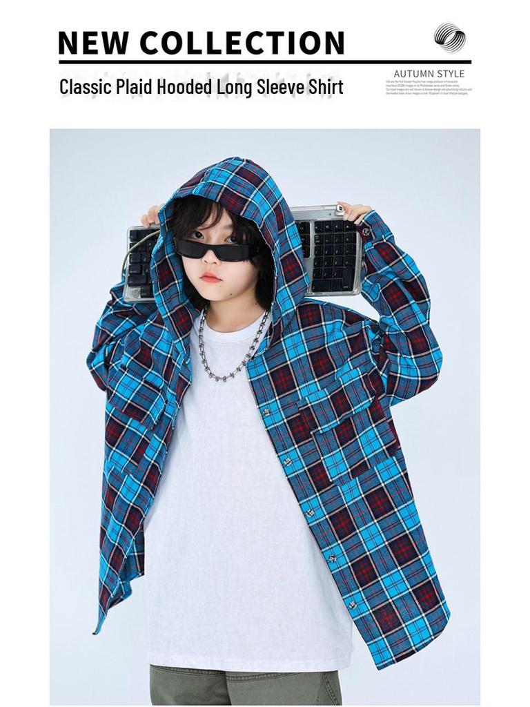 Spring & Autumn 2024 Boys' Classic Plaid Hooded Long-Sleeve Shirt