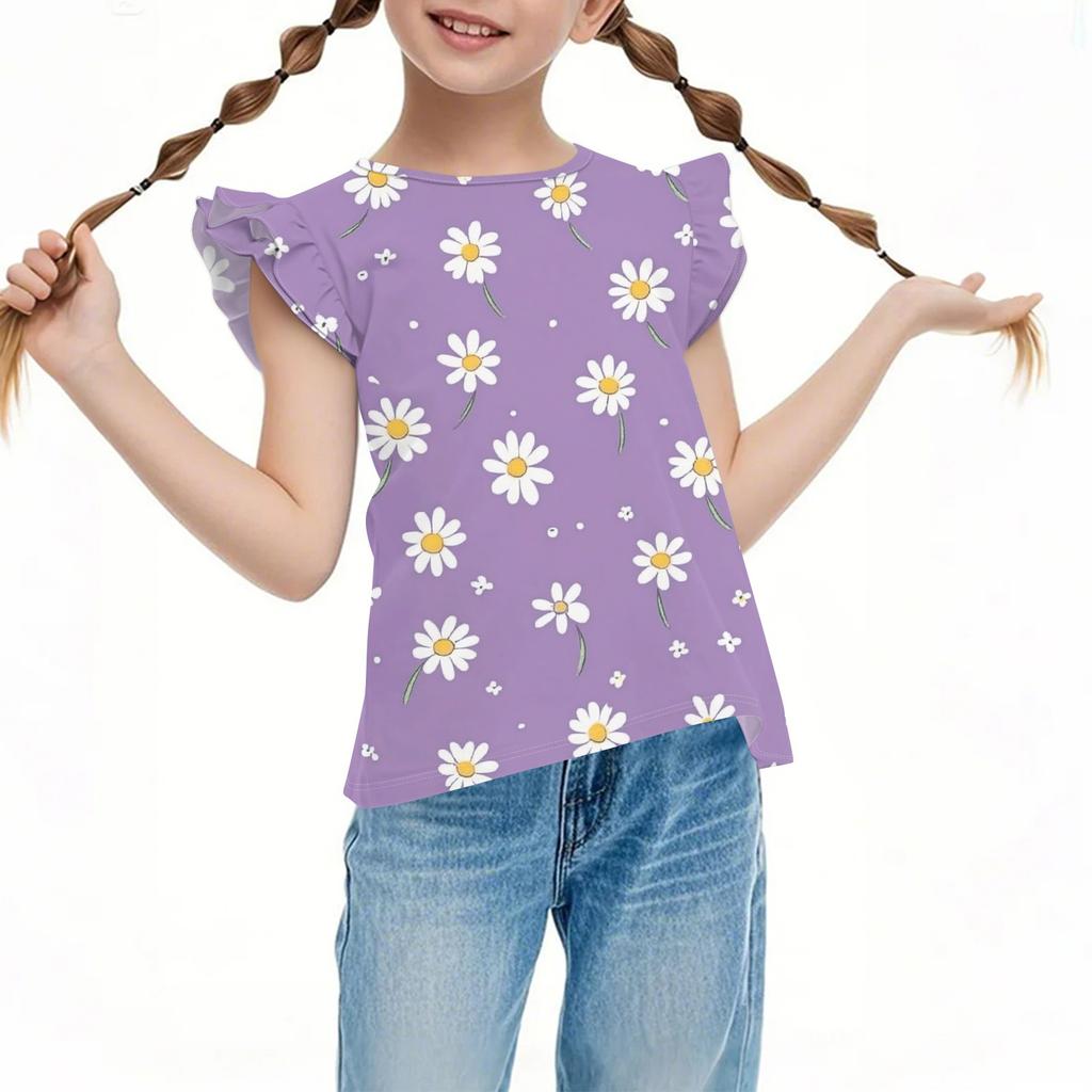 Children's Casual Short-Sleeved Pleated Cute Printed Round-Neck Solid-Color Top