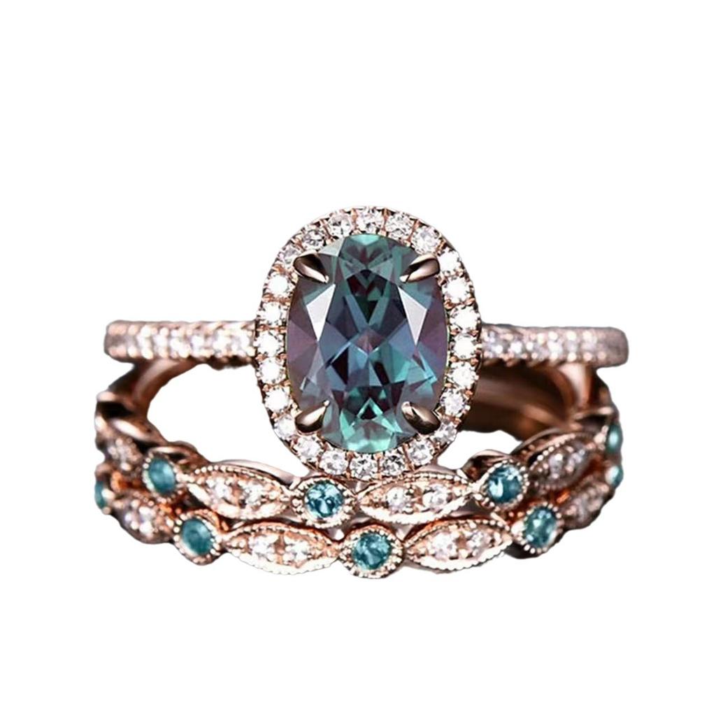 New European and American fashion jewelry Fashionable and minimalist diamond-studded gemstone three-piece stackable engagement ring set for women