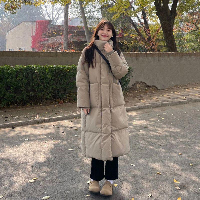Women's Mid-Length Down Cotton Jacket - Over-the-Knee Korean Style, Loose Fit, Thickened for Winter