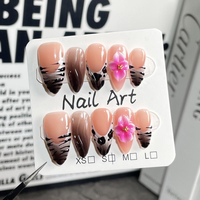 3D Floral Embossed Press-On Nails Sweet French Style Almond Shape Gel-Like Transparent Nail Tips Women Extra Small