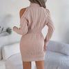 Women's Fashion Casual Off-Shoulder Turtleneck Cable-Knit Puff Sleeve Bodycon Sweater Dress