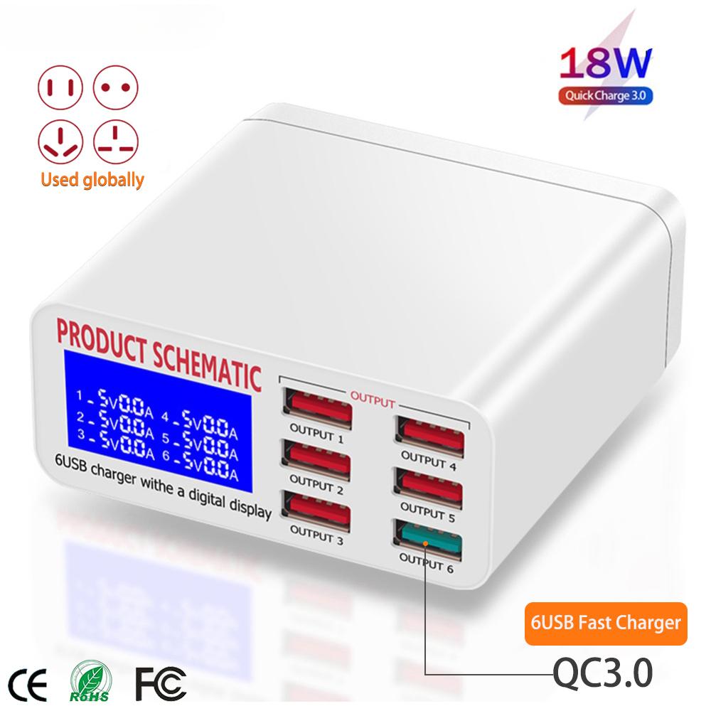 QC 3.0 USB Charger Station with LCD Display 6 USB Ports Desktop Smart Fast Charging HUB Stands for IPhone Por MAX Tablet PC