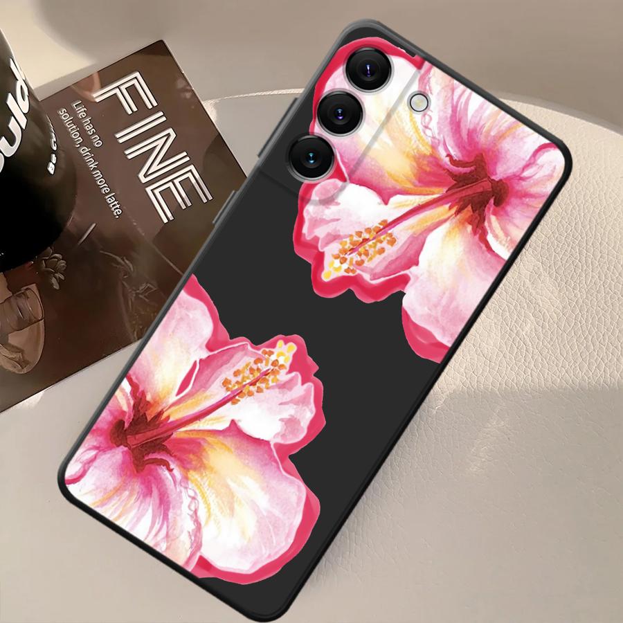 Case for Samsung Galaxy A70 A06 A04 A05 A50 A40 A16 A20 A13 A17 A10 A12 A30 A15 Black Soft Phone Cover Pink Lily Flower Pattern