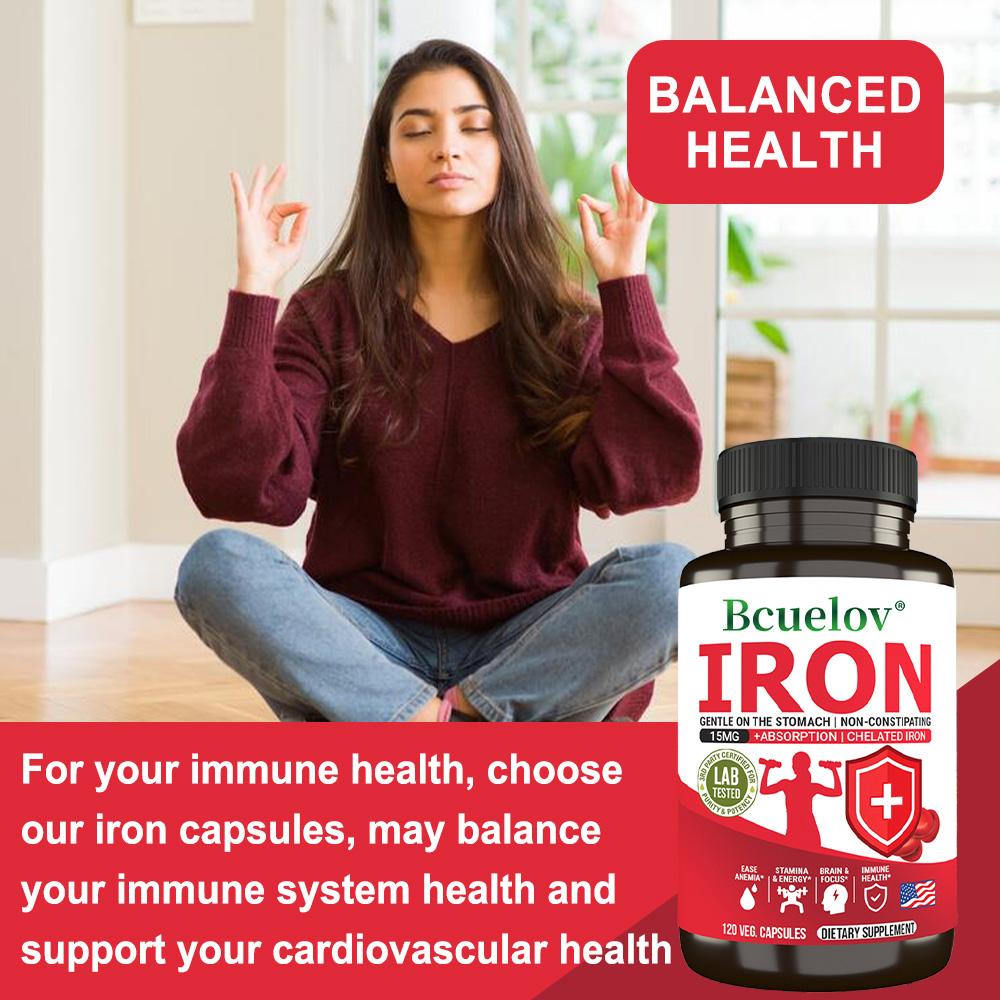 Chelated Iron 15mg Capsules Non Constipating Gentle Supplement Vegan 120 Count