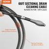 Sectional Drain Cleaning Cable 66FTx5/8In & 7 Cutters for 0.8"-3.9" Pipes