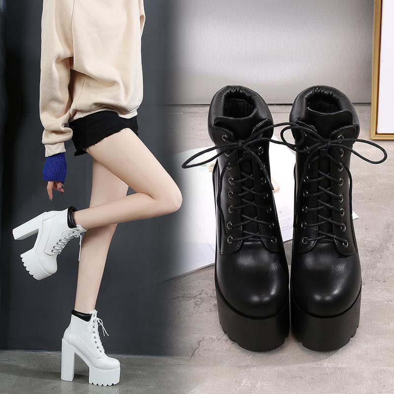14CM Womens Comfy Booties Platform Stage Performance Shoes High Heels White Black Chunky Heel Cosplay Shoes For Lady Zipper34-41