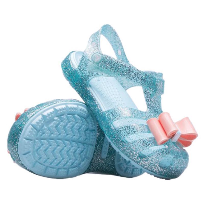 Crocs Isabella Bow Velcro Simple Casual Shiny Hole Sandals Ice Blue Kids' Style
