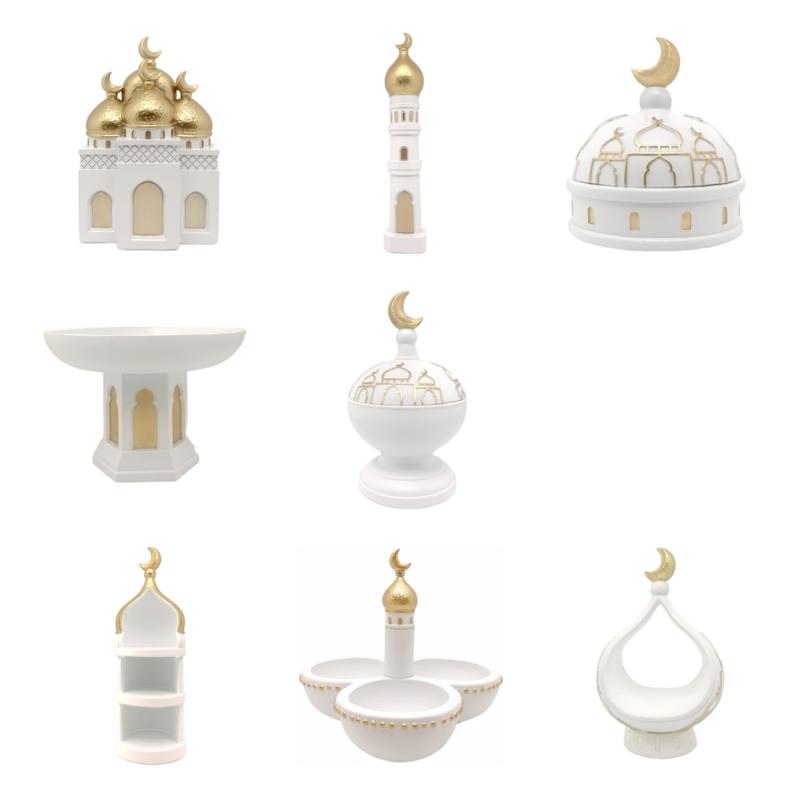 Gold and White Mosque Tower Model Desktop Ornament,Ramadans Eid Home Decors Decorative Ornament for Table Bookshelf