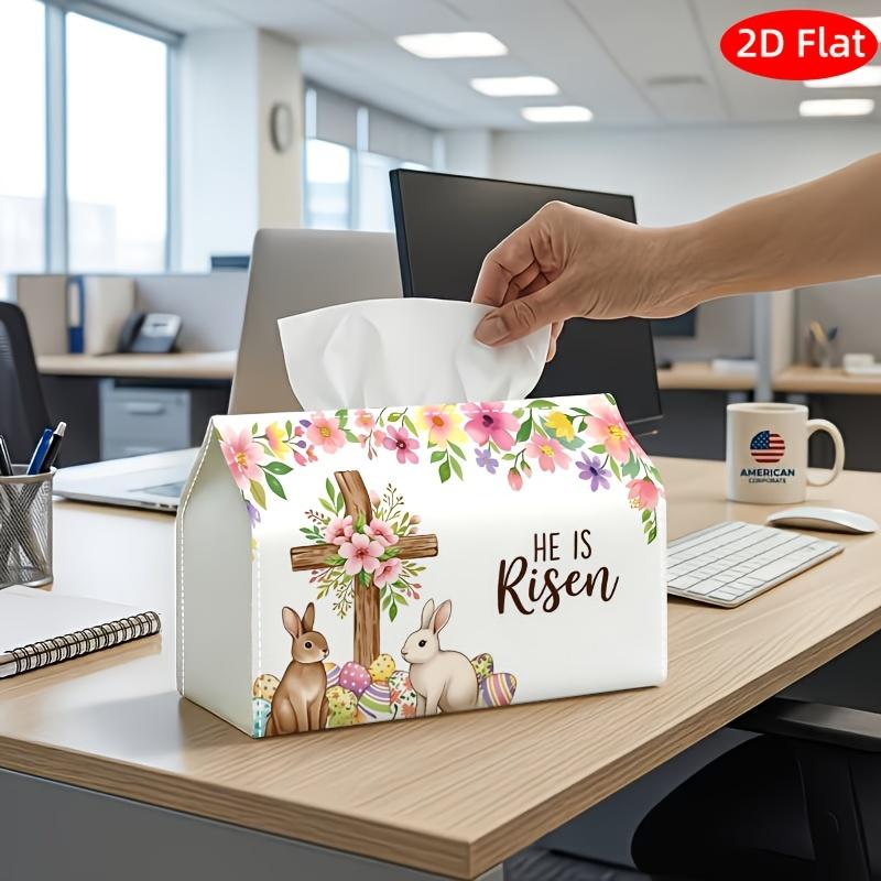 2D Flat, 1pc Tissue Box, Printed On Both Sides, Easter-Themed Tissue Box Holder Featuring "He Is Risen" Text Along with Bunnies And Floral Designs In