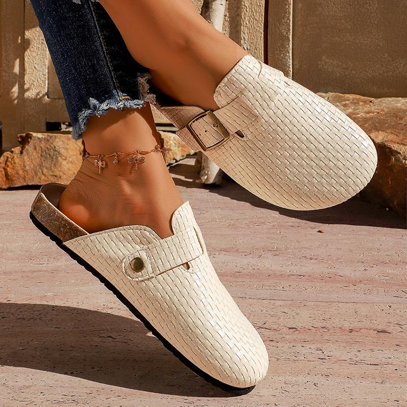 Zoccoli con Fibbia Intrecciata Dorata da Donna  Scarpe Mules Estive a Punta Chiusa con Suola in Sughero Donna Tacco Basso Antiscivolo Mezza Pantofola
