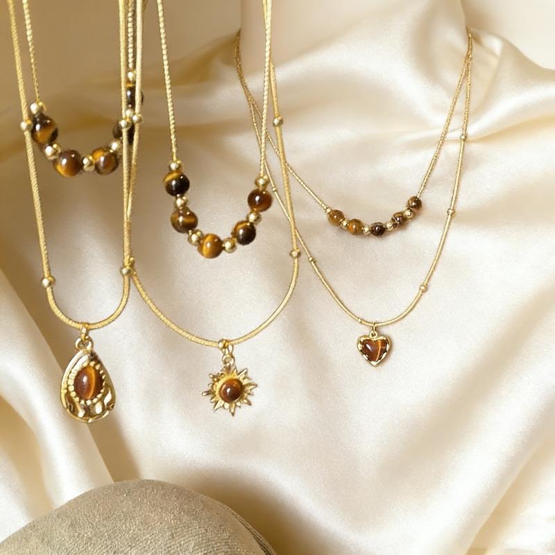 Tiger-eye Stone Necklace - Vintage Beaded Sweater Chain - Women's Small-scale Luxury High-end Style Pearl Neck Chain