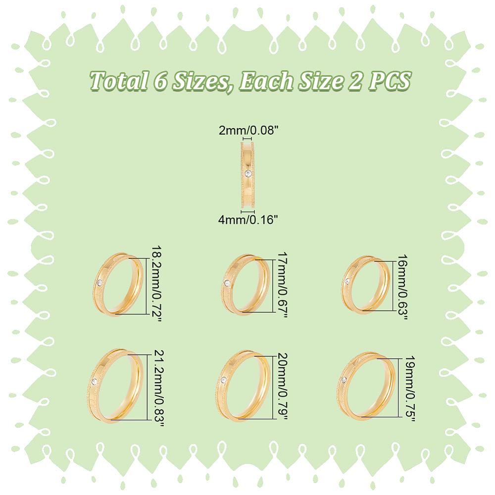 12Pcs 6 Size Crystal Rhinestone Ring, Grooved Finger Rings Set, Stainless Steel Jewelry for Women, Golden, Inner Diameter: 16~21.2mm, 2Pcs/size