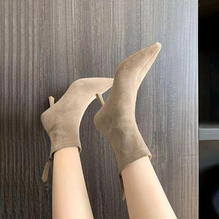 Cowhide Version~ High-heeled Short Boots Women's 2025 New Spring and Autumn Single Boots Temperament Pointed-toed Thin-heeled Suede Elastic Thin Boots