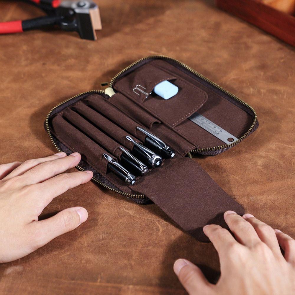 Vintage Style Genuine Leather Pencil Case 4 Slots Design Pen Case Pencil Bag Office Supplies