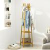 Bamboo Coat Rack Free Standing 2-Shelves Clothing Storage Garment Organizer Stand with 8 Hooks Clothes Poles 55kg Load-bearing f