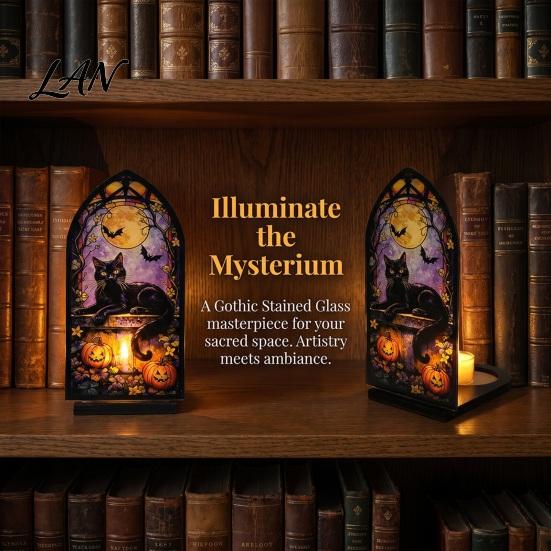 UV Printed Halloween Decor Candle Holder, Gothic Stained Glass Style Translucent Panel Lamp Retro Spooky Candlestick, Tabletop Atmosphere Ornament for