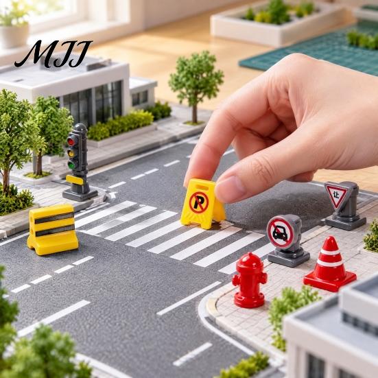 Miniature Building Accessories 8Pcs Mini Traffic Sign Figurines, Simulation Street Barrier Ornaments, Tiny DIY Scene Construction Kits Light,
