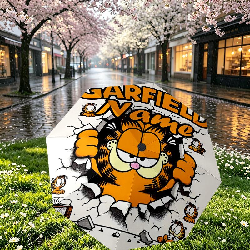 Personalisierter Garfield-Druckschirm mit individuellem Namen, Automatisches Öffnen und Schließen, Stabiler 8-Rippen-Rahmen, Für Pendeln, Camping, Wandern, Geburtstagsgeschenk