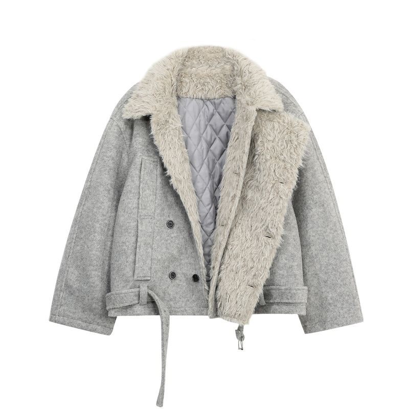 

Acrardic Elegant and High-End Double-Breasted Woolen Coat, Vintage Wool Blend Thickened Warm Plush Jacket Gray XL